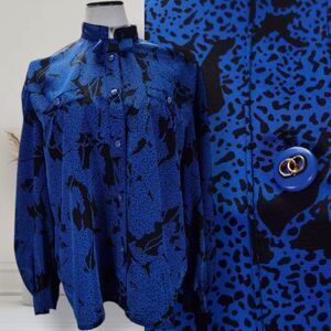 Vintage 90s Oversized Graphic Print Top Size M Blue French Designer Blouse